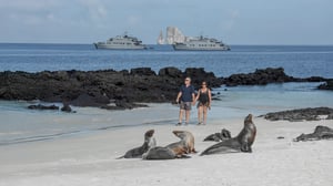 A couple with Coral I and Coral II in the background